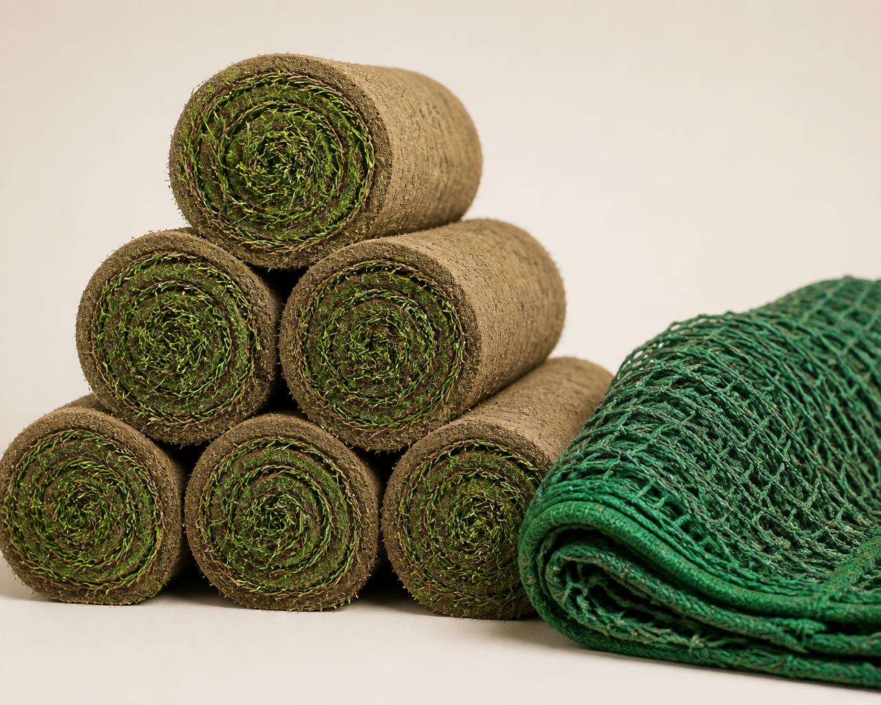 Stacked sod turf rolls and a green sports net